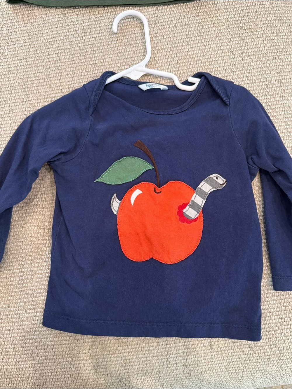 Baby Boden Navy Long-Sleeve Tee with Red Apple Appliqué